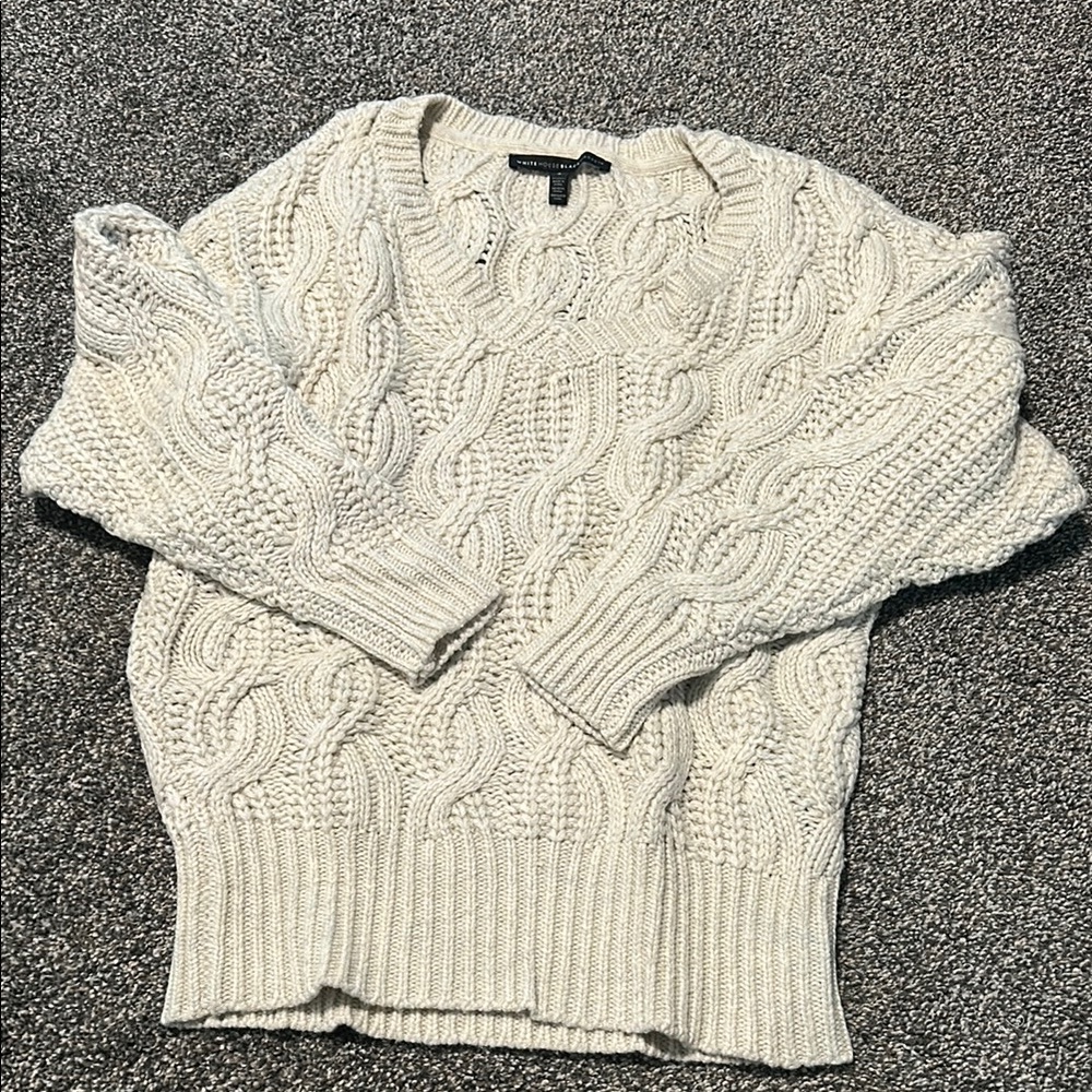 V neck cable knit thick sweater oatmeal beige fishermen